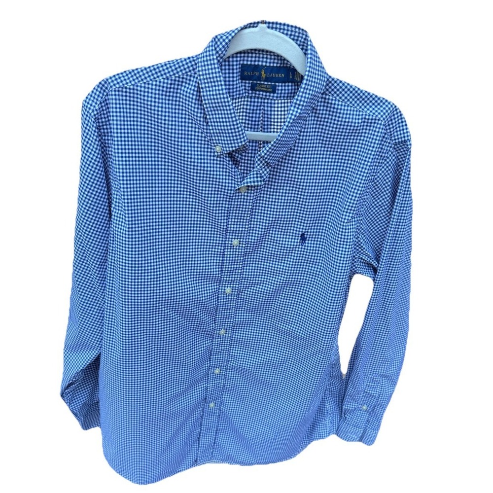 Ralph Lauren Large Classic Fit Stretch Blue Check Preppy Polo Long Sleeve Button